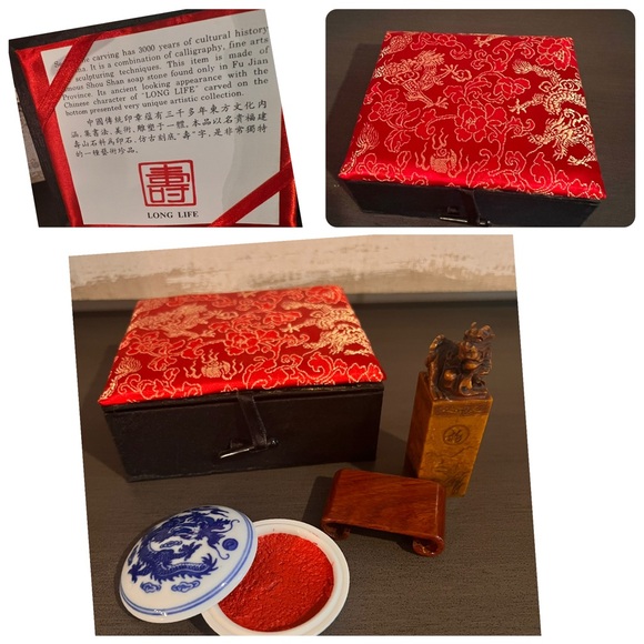 None Other - Chinese Carved Shou Shan Soap Dragon Seal LONG LIFE Set